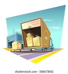Warehouse concept with retro style delivery truck and trolley with boxes vector illustration