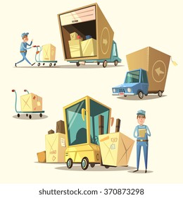 Warehouse-Konzept mit Retro-Cartoon-Versand- und Liefergegenständen einzeln auf Vektorgrafik