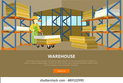 Warehouse conceptual vector web banner. Flat style. Man in uniform working with goods in storage.  Illustration for delivery online services, startups, corporate web sites, landing pages design 