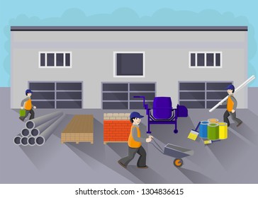 Warehouse of construction materials, a worker with a trolley, with a bucket and baseboards. Vector illustration