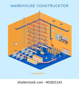 Warehouse constructor. Flat 3d isometric creative modern warehouse with forklift and workers. Build your own infographics illustration.