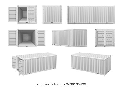 Warehouse containers for goods storage and transportation realistic mockup template. Vector illustration of industrial cargo shipping containers, logistics boxes or good package boxes set