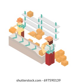 Warehouse conveyor with workers isometric icon. Local shipping service vector illustration isolated on white background.