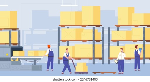 Warehouse conveyor workers. Warehousing process, worker sorting cargo boxes on belt line automation machine, mover working delivery industrial system, splendid vector illustration of warehouse factory