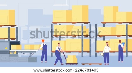 Warehouse conveyor workers. Warehousing process, worker sorting cargo boxes on belt line automation machine, mover working delivery industrial system, splendid vector illustration of warehouse factory
