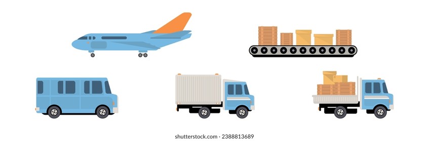 Warehouse with Crate, Truck and Plane Vector Set