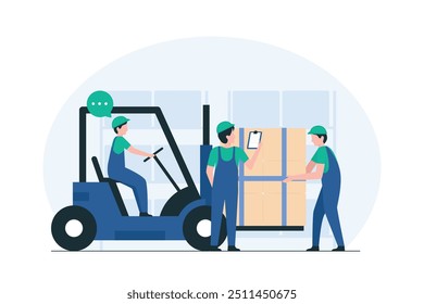 Warenbegleiter sicher, professionelles Frachtmanagement, sicherer Frachtumschlag, Logistikteam bei der Arbeit. Illustration