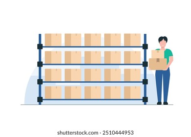 Warehouse Crew Organizing Shelves Systematically. Storage. Shelvings with cardboard boxes stock. illustration