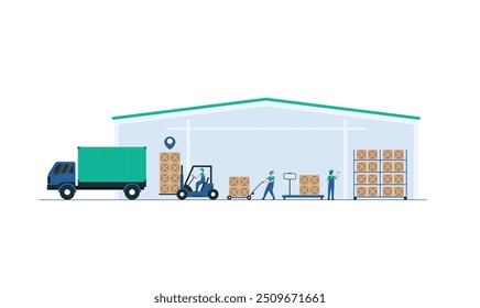 Depósito Tripulação Descarregando Mercadorias de Caminhões. Processo de trabalho na distribuição por grosso e centro logístico. Ilustração