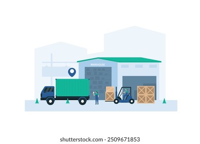 Depósito Tripulação Descarregando Mercadorias de Caminhões. Ilustração