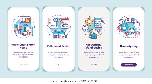 Warehouse customer services onboarding mobile app page screen with concepts. Order storage and shipping walkthrough 5 steps graphic instructions. UI vector template with RGB color illustrations