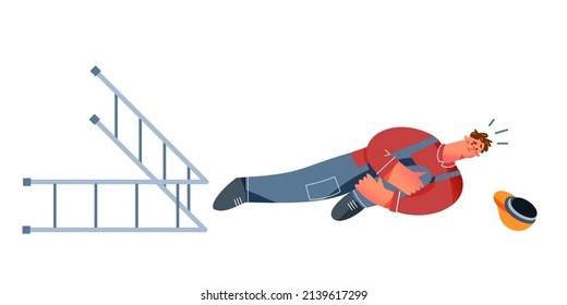 Warehouse dangerous accident with man, emergency at storage workplace vector illustration. Cartoon worker lying on floor with injured leg near stepladder isolated on white background