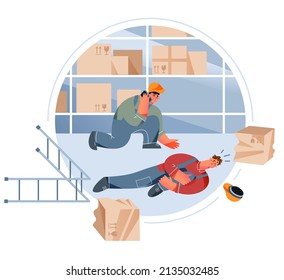 Warehouse dangerous accident with people, emergency at storage workplace vector illustration. Cartoon worker lying on floor of storehouse with injured leg, colleague calling for help by mobile phone