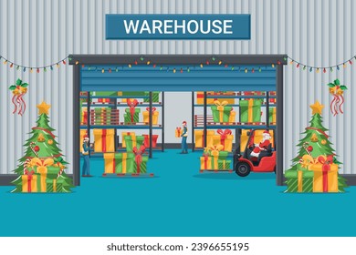 Warehouse decorated with lights and Christmas tree with pallet racks with gift boxes. Santa Claus driving a forklift. Christmas campaign for cargo logistics and shipping of high demand merchandise