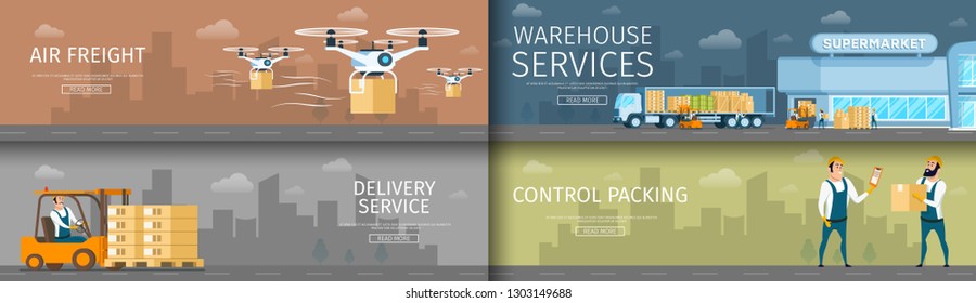 Warehouse Delivering or Distribution Services Set. Automatic Air Freight Supply by Flying Drone. Express Weight Delivery. Control Packing by Worker Character. Flat Cartoon Vector Illustration