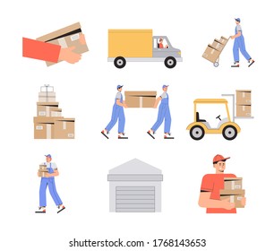 Warehouse delivery business illustration. Warehouse workers characters unloading boxes. Flat style vector illustration.