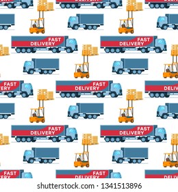 Warehouse Delivery Element on Pattern. Express Fast Shipping Truck, Human-driven Forklift Car Lifting Up Goods, Cardboard Box with Barcode. Seamless Flat Cartoon Vector Illustration