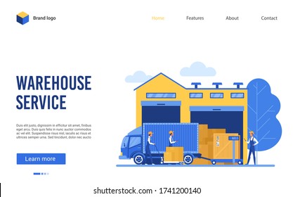 Warehouse delivery logistic service vector illustration. Cartoon flat website interface design for warehousing business company with worker characters loading boxes on delivering shipping truck van