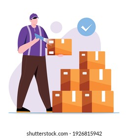 
Diseño de ilustración de concepto de código de barra de comprobación del repartidor de almacén. Niño de parto rápido. Diseño de ilustraciones de la empresa Courier 