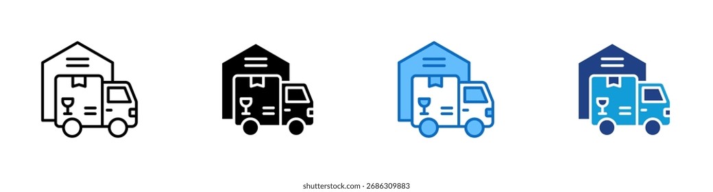 Vector de diseño de íconos de estilo múltiple - Camión con almacén, que representa la logística, la entrega y la gestión de almacenamiento