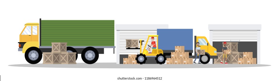 Warehouse or delivery service building interior with truck and forklift. Workers with containers and boxes. Transportation company with box storage. Isolated vector flat illustration
