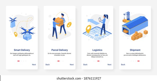 Warehouse delivery service, logistics modern transport and shipment isometric vector illustration. Mobile app page onboard screen set with cartoon flat courier people, delivering shipping technology