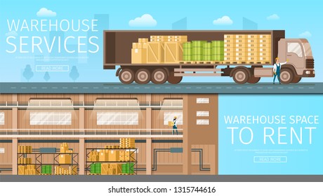 Warehouse Delivery Service, Store Space to Rent. Depot Renting. Picture of Storage with Weight on Shelf, Open Delivery Truck Full of Cardboard and Wooden Box. Flat Cartoon Vector Illustration