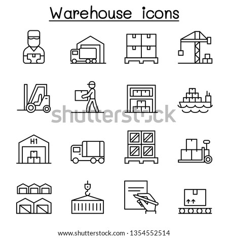 Warehouse, delivery, shipment, logistic icon set in thin line style