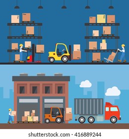 Warehouse delivery storage building interior exterior indoor outdoor loader loading worker wheel fork box crate package rack concept web site illustration. Flat style website creative vector template.