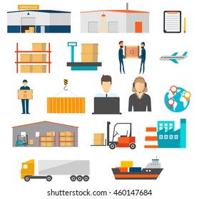 Warehouse, delivery and  storage icons set. Includes different types of storage and delivery objects, warehouse transport. Logistic service warehouse workers carry boxes isolated. Vector  