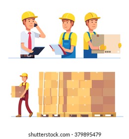 Warehouse and delivery workers. Foreman, manager and delivery boy. Modern flat style vector illustration isolated on white background.