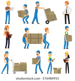 Warehouse and delivery workers. Foreman, manager and delivery boy. vector illustration.