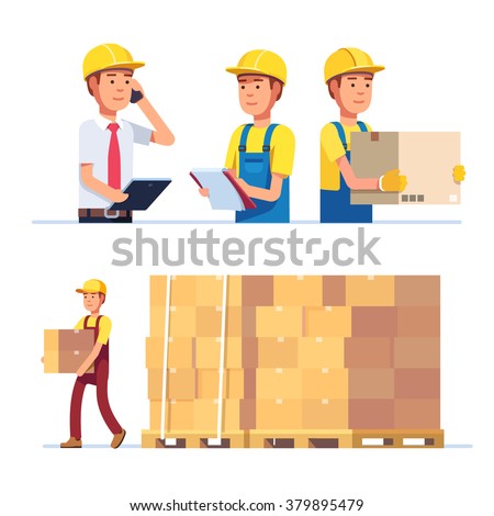 Warehouse and delivery workers. Foreman, manager and delivery boy. Modern flat style vector illustration isolated on white background.