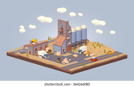 Warehouse in the desert. 3D lowpoly isometric vector concept illustration