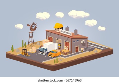 Warehouse in the desert. 3D lowpoly isometric vector concept illustration