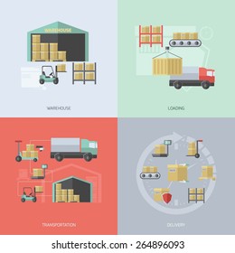 Warehouse design concept set with loading transportation and delivery flat icons isolated vector illustration