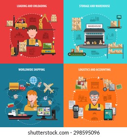 Warehouse design concept set with worldwide logistic flat icons isolated vector illustration