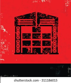 Warehouse design on red background, grunge vector