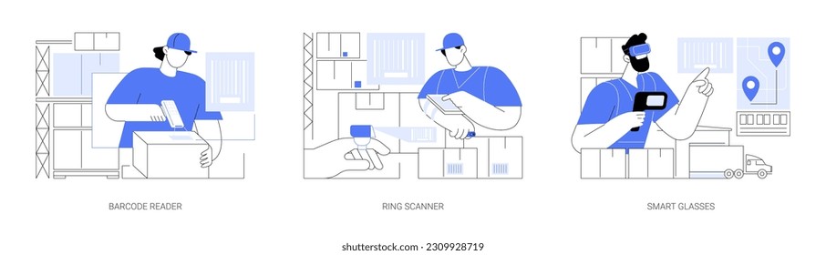 Warehouse-Geräte abstraktes Konzept, Vektorgrafik-Set. Der Arbeiter scannt Waren mit Barcode-Leser, überprüft Waren mit Ringscannern, verwaltet Inventare mithilfe einer abstrakten Metapher für intelligente Brillen.