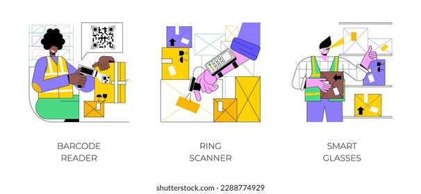 Warehouse devices isolated cartoon vector illustrations set. Worker scans goods with barcode reader, checking goods with ring scanner, managing inventory using smart glasses vector cartoon.