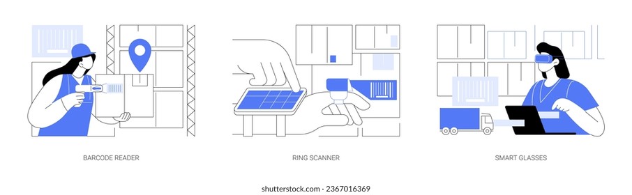 Warehouse devices isolated cartoon vector illustrations set. Worker scans goods with barcode reader, checking goods with ring scanner, managing inventory using smart glasses vector cartoon.