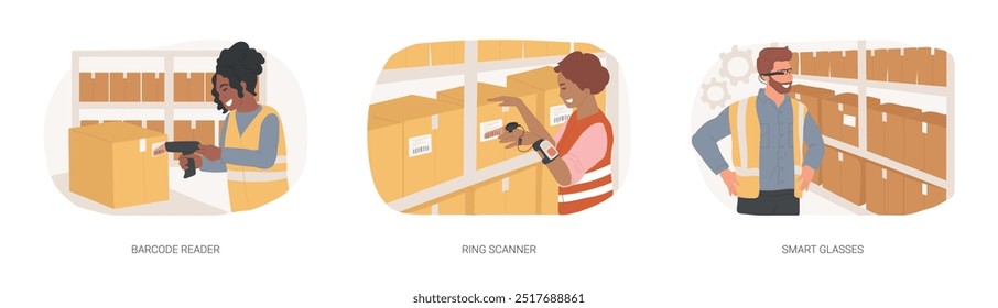 Warehouse devices isolated cartoon vector illustrations set. Worker scans goods with barcode reader, checking goods with ring scanner, managing inventory using smart glasses vector cartoon.