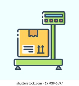 Warehouse digital scale with box colored icon. Weight of goods. Vector stylish flat illustrations on light blue background.