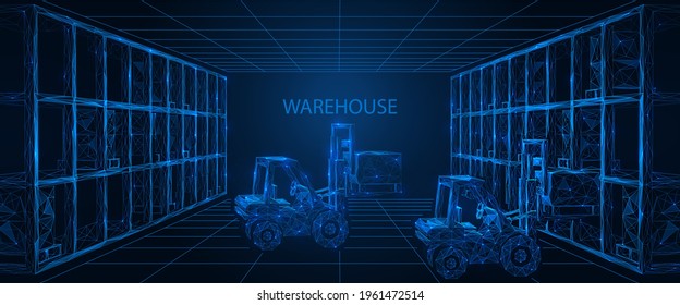 Warehouse. Distribution of cargo by forklift trucks on racks. Polygonal construction of lines and points. Blue background.