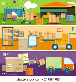 Warehouse distribution delivery in different locations. The technique works with boxes parcels. Delivery shipping concept in flat design on banners