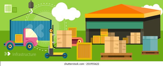 Warehouse distribution delivery in different locations. The technique works with boxes parcels. Delivery shipping concept in flat design on banner
