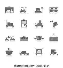 Warehouse distribution and logistics service icons black set isolated vector illustration