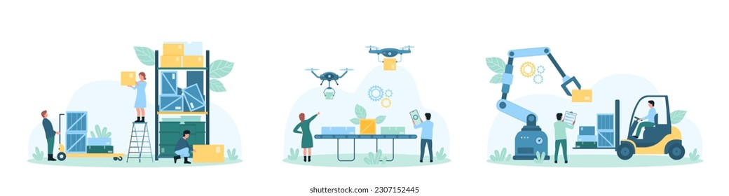 Warehouse distribution, logistics set vector illustration. Cartoon tiny people and robots work on loading and unloading operations, drone couriers deliver boxes on conveyor line, employees warehousing