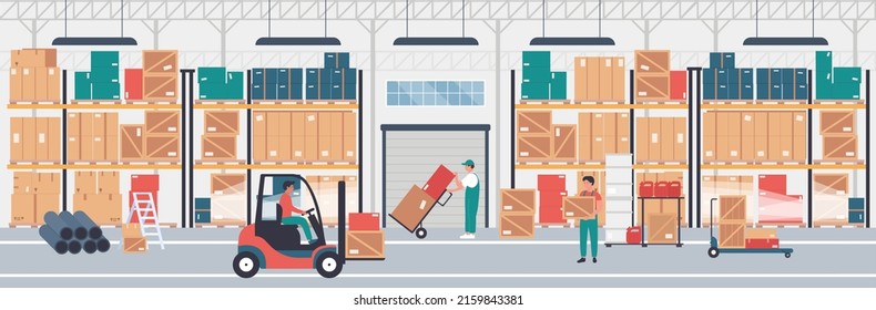 Warehouse distribution service and storage. Cartoon workers carry cardboard boxes, man using forklift and loading parcels in industrial hangar interior background. Factory, storehouse concept