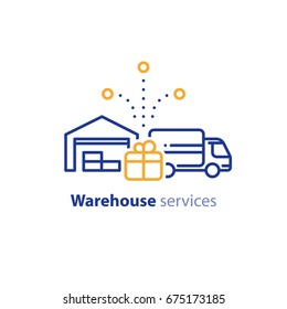 Warehouse Distribution Solution Concept, Truck Delivery Services And Transportation Company Logo Elements, Shipping Multiple Order Line Icon, Combined Parcel Outline Vector